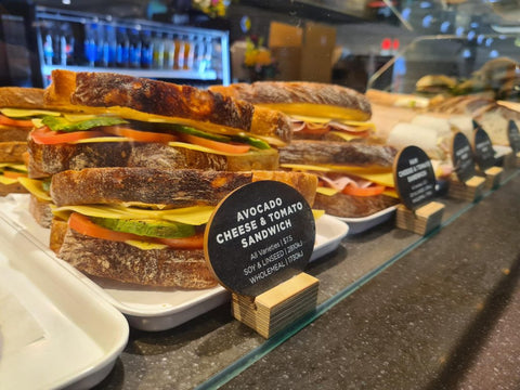 Sandwiches on display in shelf